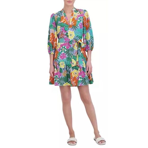 Jessica Howard Dress Size 16 Floral Multicolor Balloon Sleeve Tie‎ Front NEW - Picture 1 of 11